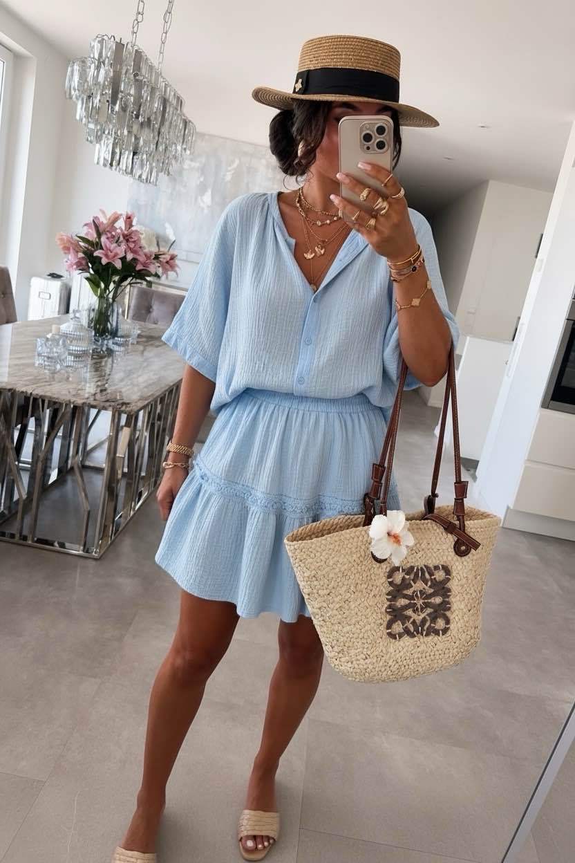 Set aus Musselin – Bluse mit 3/4-Ärmeln & Rock: One Size 36-42