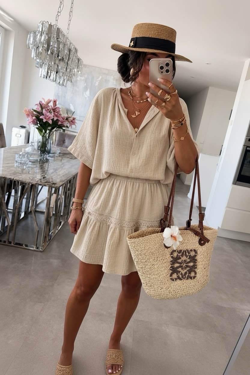 Set aus Musselin – Bluse mit 3/4-Ärmeln & Rock: Beige One Size 36-42