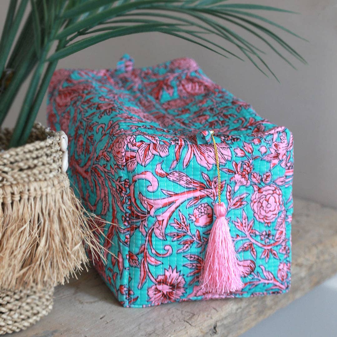 Blockprint-Kulturtasche Fez Blau Rosa Blume L
