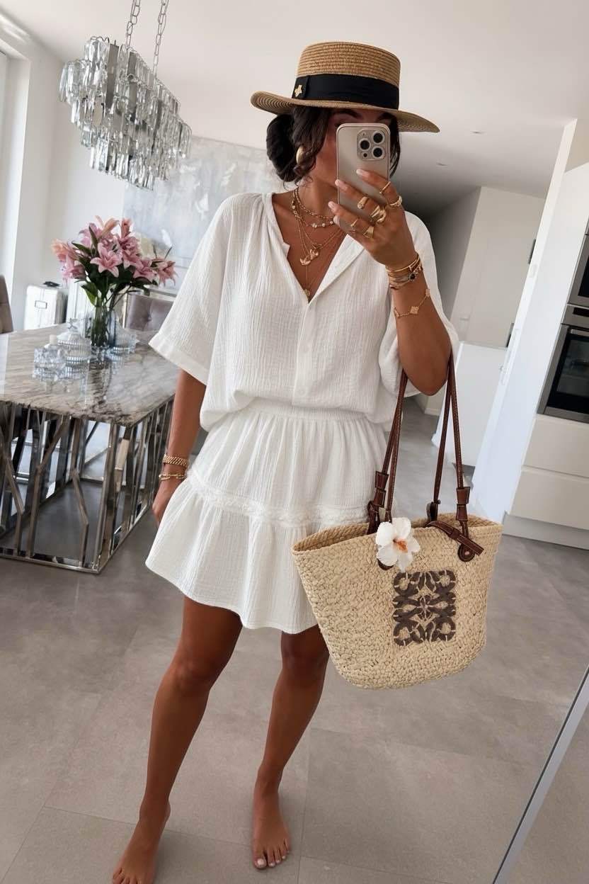 Set aus Musselin– Bluse mit 3/4-Ärmeln & Rock: Weiß / Einheitsgröße: 36-42