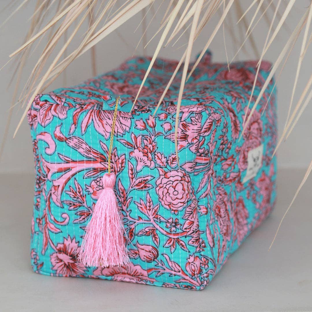 Blockprint-Kulturtasche Fez Blau Rosa Blume L