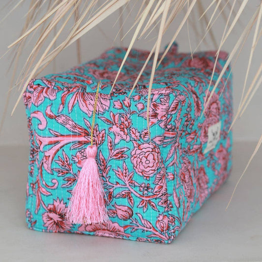 Blockprint-Kulturtasche Fez Blau Rosa Blume L